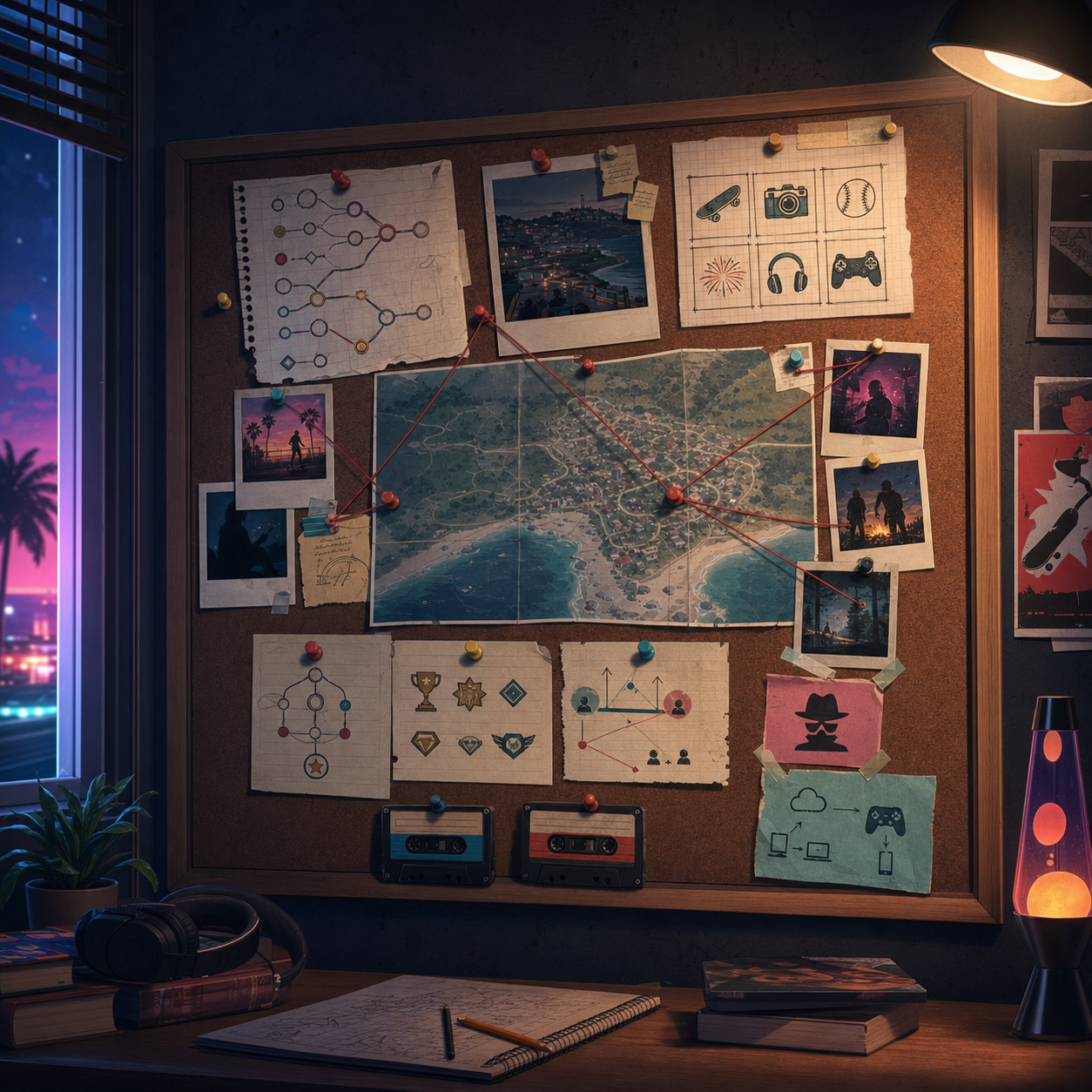 Original illustrated guide board with maps, pins, cassette tapes and chapter notes.